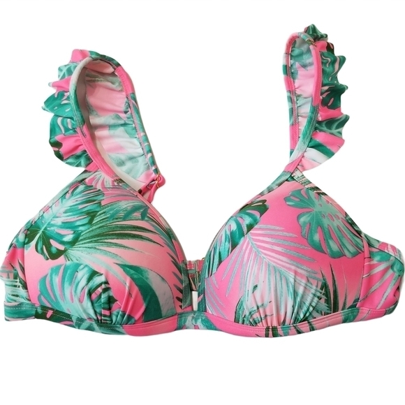CALIFORNIA Sunshine‎ Large Swimtop Pink Green Palm leaf Tropical Ruffle - Picture 1 of 8